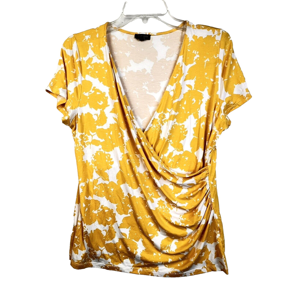 Talbots Petite Faux Wrap Top Women's Medium Petite Yellow Knit V-Neck Work